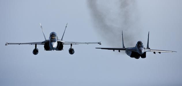 F/A-18D Hornets and Russian-built MiG-29s