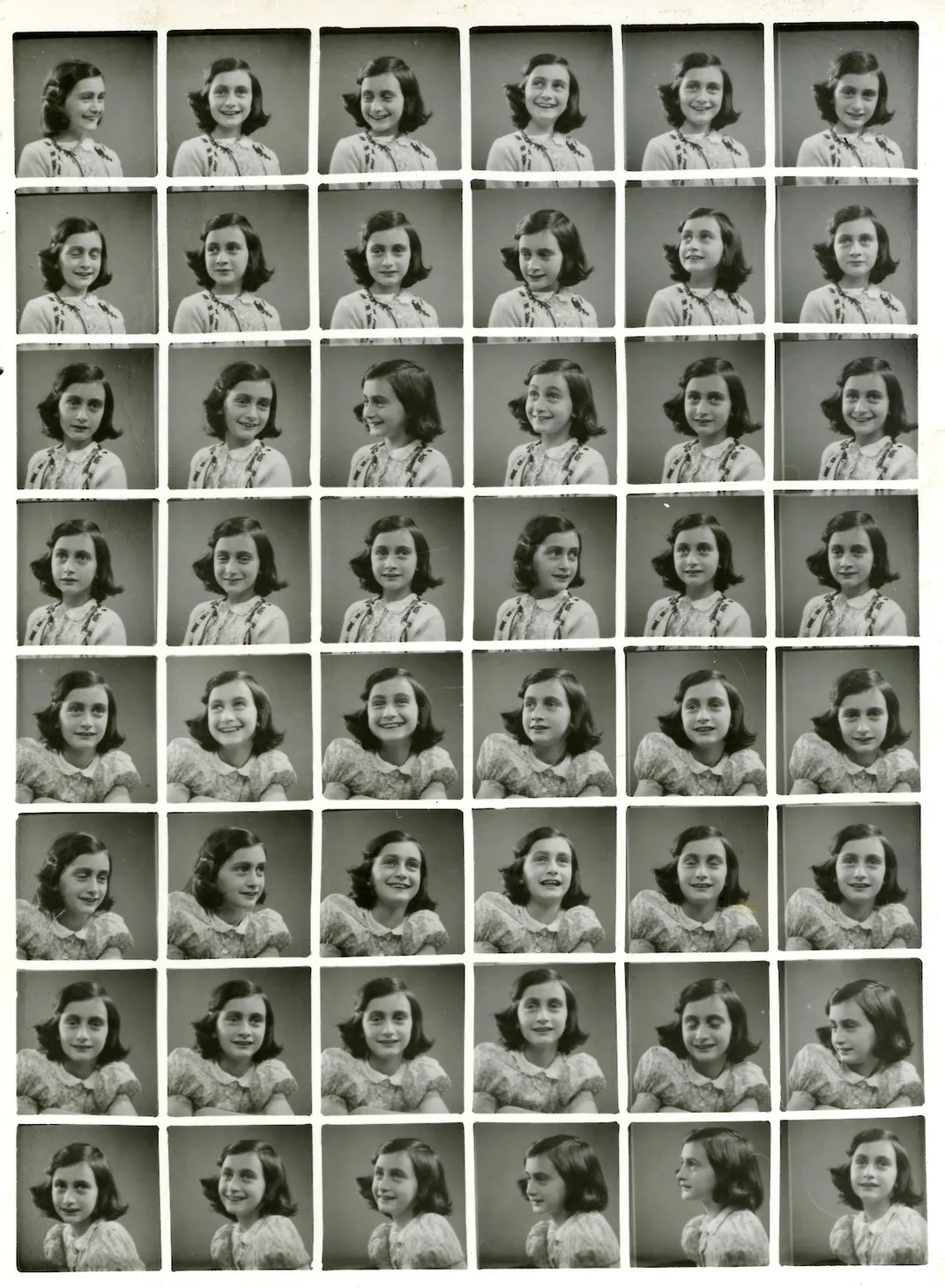 A 6 by 8 sheet of small photos taken in rapid succession of Frank, where she smiles, laughs and looks each way