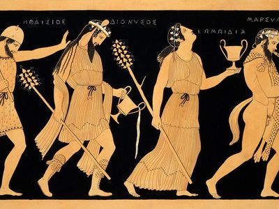 Illustration of a Greek vase shows Dionysus leading three revelers toward likely hangovers 