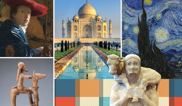 Image of five works of art, including a painting with a girl in a red hat, the Taj Mahal, Starry Night, a statue of a calf-bearer, and an equestrian statue.