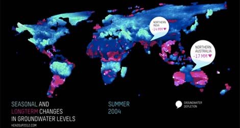 Image from an animated graphic showing satellite readings of groundwater fluctuations around the world.