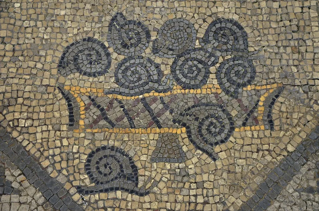 Detail of a fourth-century C.E. mosaic depicting a basket of snails