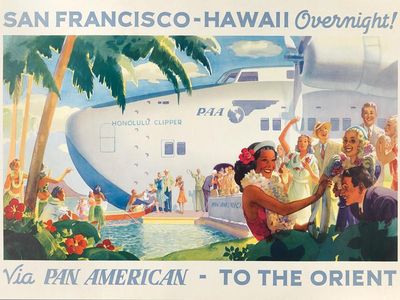 Happy passengers deplane from the Pan American Airways Boeing 314 "Honolulu Clipper" in a 1939 brochure. PAA offered weekly service between San Francisco and Hong Kong via Honolulu, Midway, Wake, Guam, Manila, and Macao. 