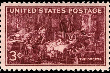Doctors AMA Centennial 3-cent 1947 issue U.S. stamp, commemorating the 100th anniversary of the founding of the American Medical Association (AMA).