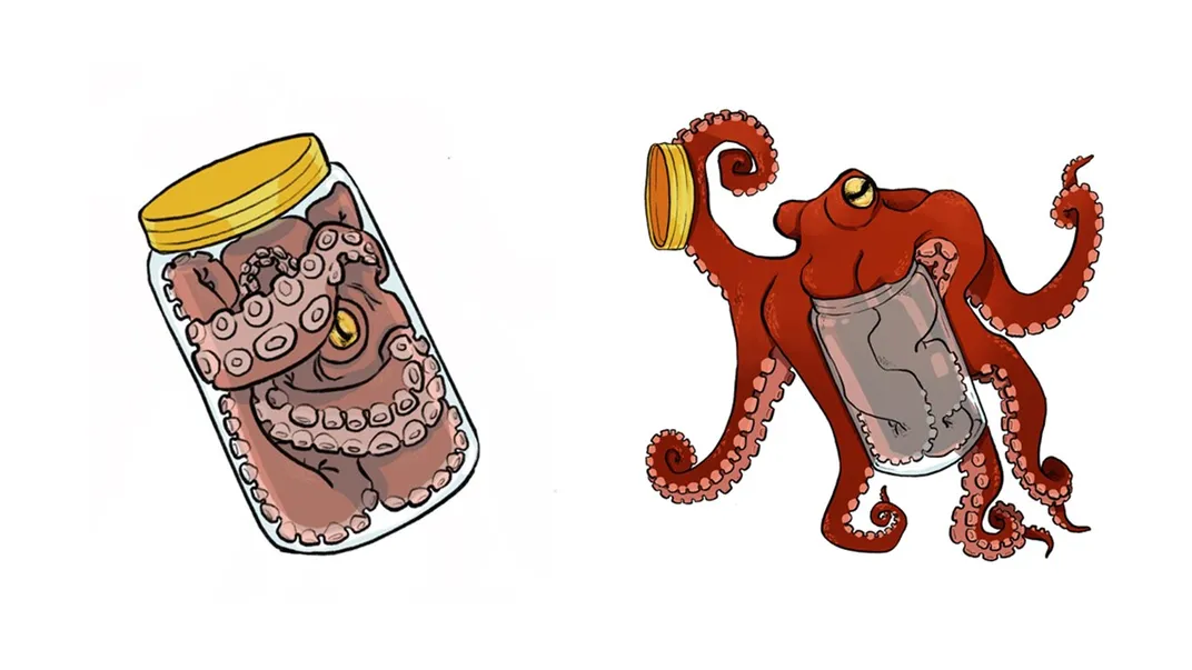 Cartoon of a red octopus escaping a clear jar with a yellow lid.