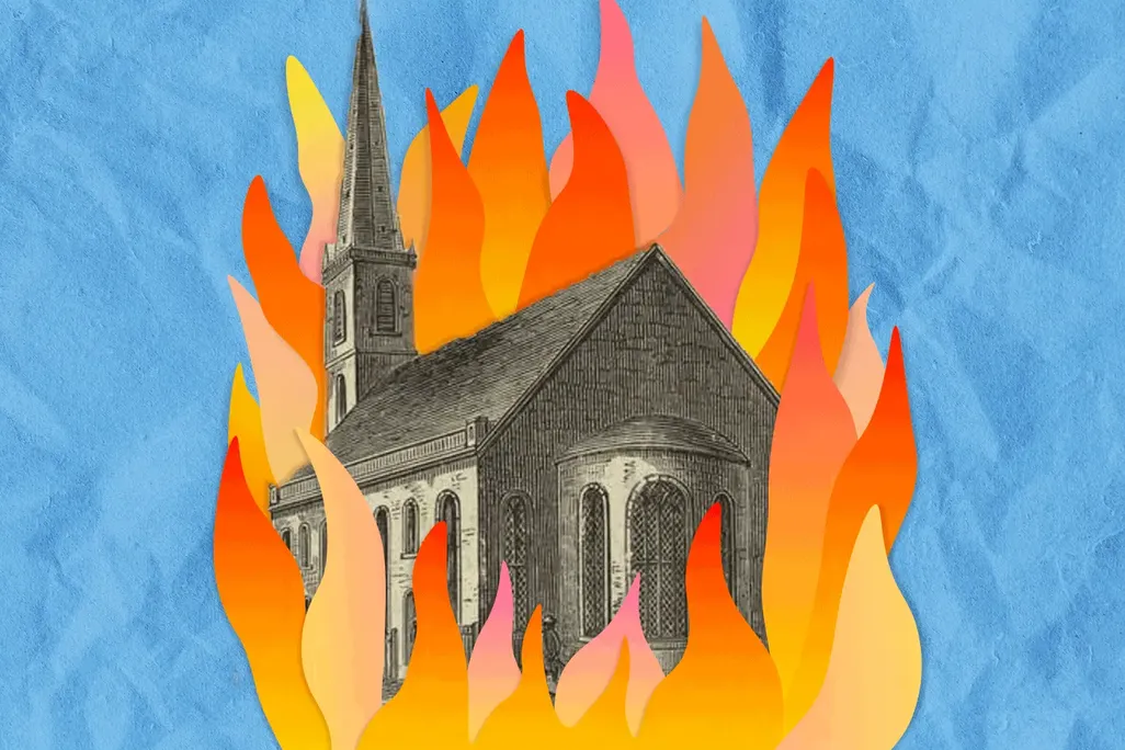 A GIF illustration of Trinity Church in flames