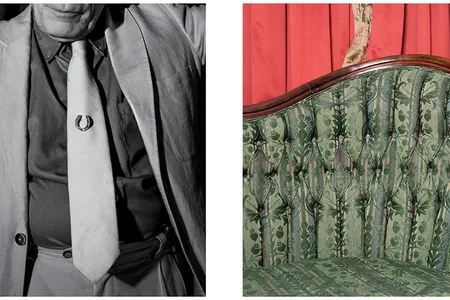 Left, local actor Keith Scales portrays Norman Baker in a one-man show at the Crescent Hotel and is an encyclopedia of information about Baker’s time in Eureka. Right, detail of a couch and drapes in the Governor’s Suite, formerly Baker’s office, at the hotel.