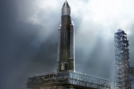 Artist's depiction of the Jupiter-120 arriving at the launch pad.