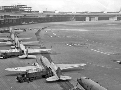 U.S. Air Force C-47s unload at Tempelhof during the Berlin Airlift, 1948-49.