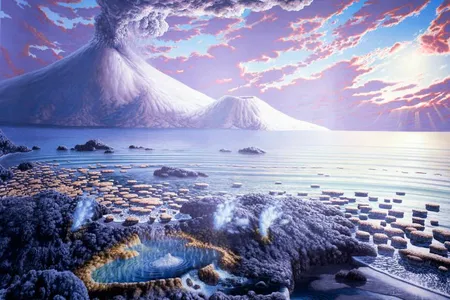 An artist's depiction of Earth during the Archean Eon, from 4 to 2.5 billion years ago, when life consisted of only single-celled microbes with no nucleus (prokaryotes). How these primitive organisms first formed from chemical reactions remains one of the greatest mysteries of science. 
