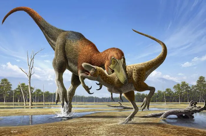 two dinosaurs, one larger than the other, fighting in an illustration