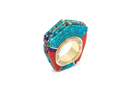 Raymond C. Yazzie, 2012. Coral, Lone Mountain and Orvil Jack turquoise, opal, sugilite, 14-karat gold. Collection of Janice Moody.