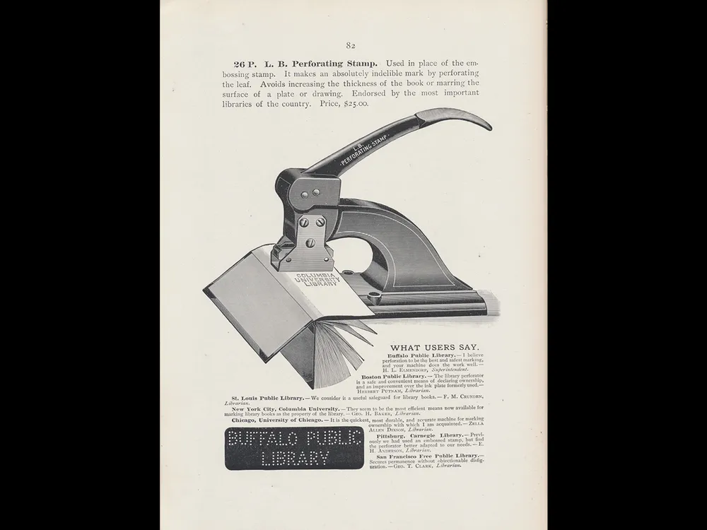 Library Bureau, Boston, MA. Classified Illustrated Catalog of the Library Department of Library Bureau (1899), page 82, Perforating Stamp. (Smithsonian Libraries and Archives)