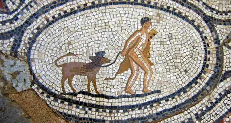 A mosaic of Hercules with pet Cerberus.