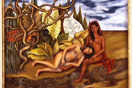 Two Nudes in a Forest, from 1939, one of the paintings on display in the Bronx. Kahlo painted it for Dolores del Río, an actor who played the role of the "other" in Hollywood films and who often played Indian women in Mexican films despite that she was not herself of indigenous descent, as Joanna L. Groarke writes in the book that accompanies the exhibition. 