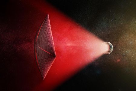 An artists rendering of how a solar sail might be powered by a radio beam from the surface of a planet