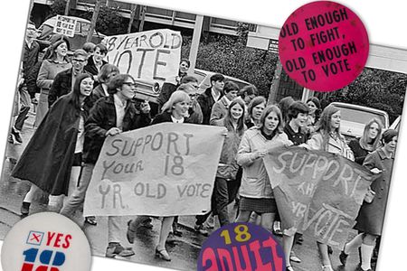 A march in support of the Vote 18 movement in Seattle in 1969 and buttons advocating for youth enfranchisement in the Smithsonian's collections.