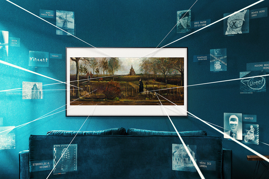 An image of 'Parsonage,' a painting depicting a muted gray-and-brown scene of a cloaked, pale person walking along a road with a steeple in the background; surrounded by illustrations of blue lines and examples of "clues" re: lost art