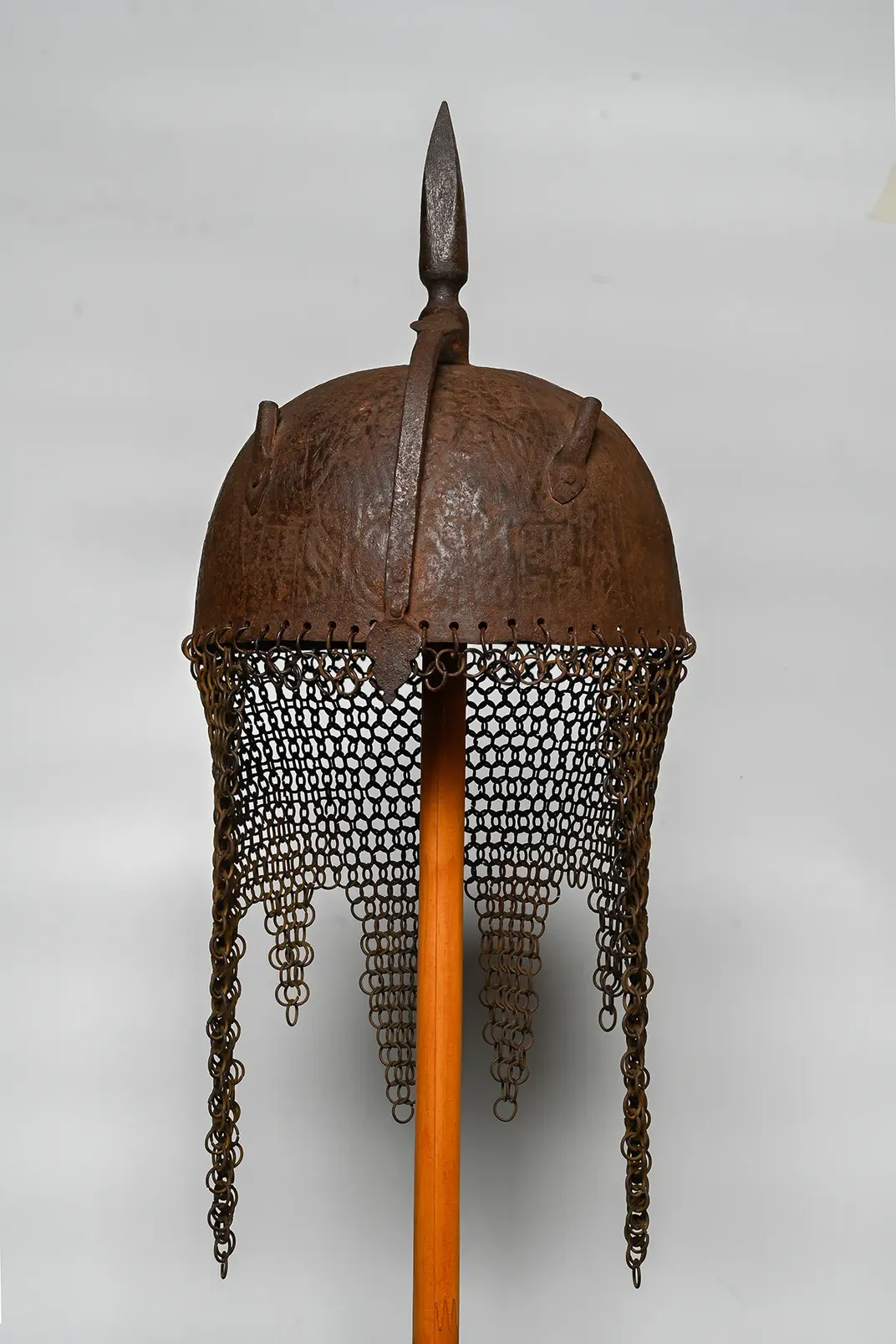 Mongolian helmet, 13 to 14th century, on display