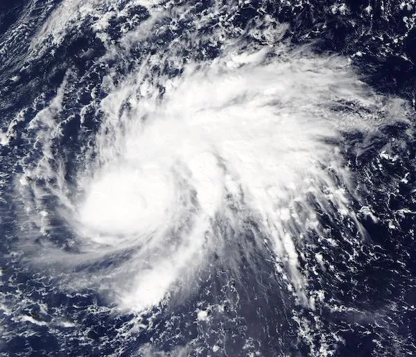 A satellite photo of Super Typhoon Goni. It shows Goni, a large, white, swirling storm moving over the blue Pacific ocean