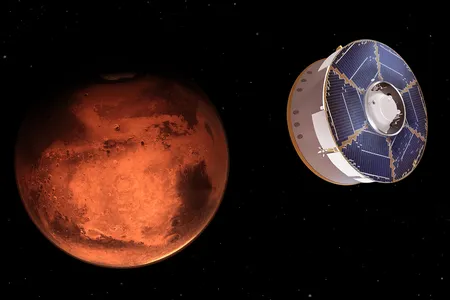 An illustration of NASA's Perseverance rover approaching Mars
