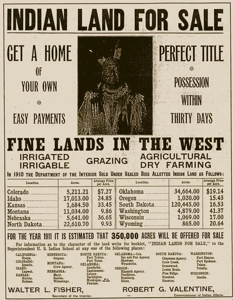 A 1911 advertisement marketing the sale of "surplus" Native land