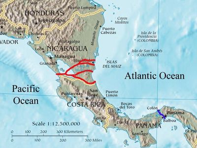 The proposed canal routes through Nicaragua. 
