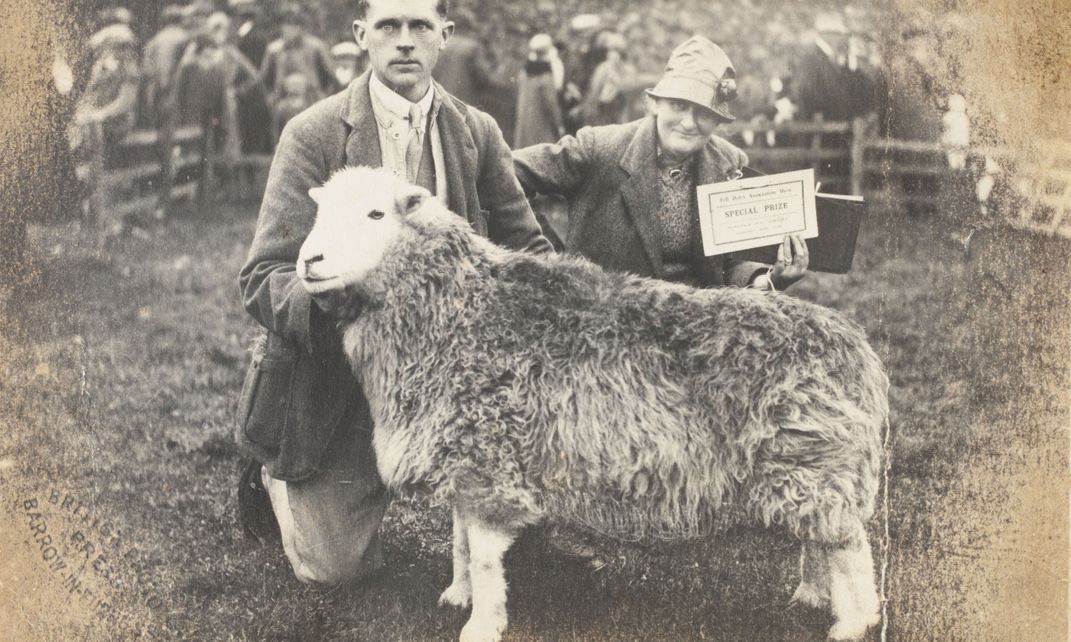 A man in a suit and a woman in a hat pose jauntily behind a large sheep with thick wool. The woman, Beatrix Potter, holds a sign that says SPECIAL PRIZE