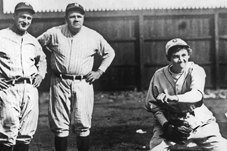 Days after Jackie Mitchell (center) struck out Yankee superstars (from left) Lou Gehrig and Babe Ruth, the duo watched the female phenom demonstrate her fastball during spring training in Chattanooga, Tennessee, on April 4, 1931.