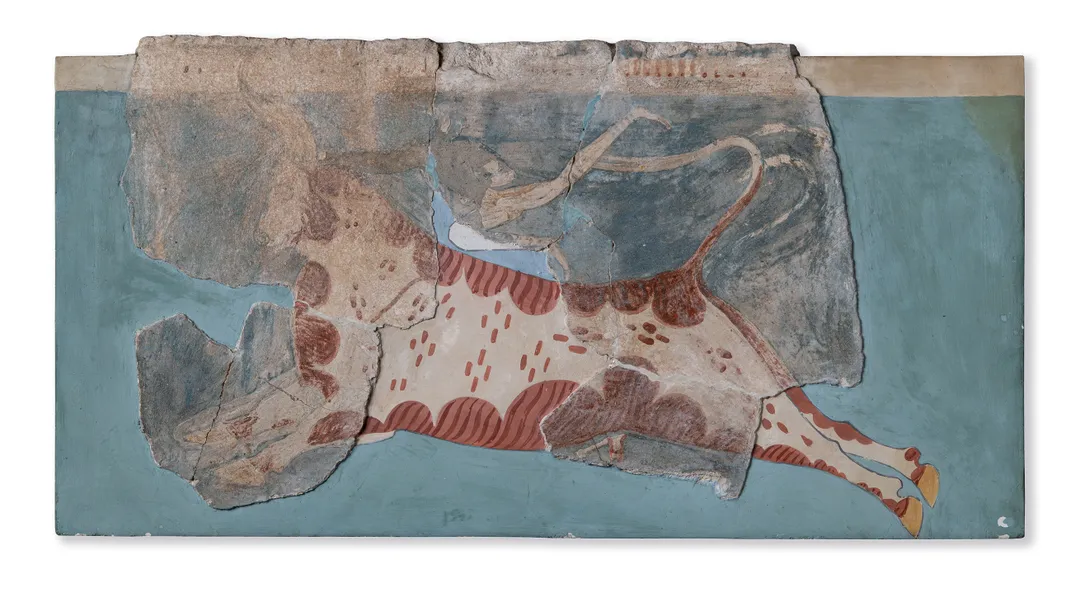 Wall fresco with "Bull Leaper", painted stucco, Tiryns (Greece), Mycenaean