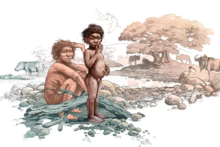 An illustration of the Homo erectus child with her mother in the Ethiopian highlands, two million years ago