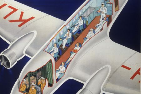Advertising poster for KLM Royal Dutch Air Lines, circa 1938, showing a cross-section of a Fokker-assembled Douglas DC-2. 