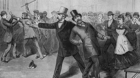 Artist rendition of Charles Guiteau's attack on President Garfield