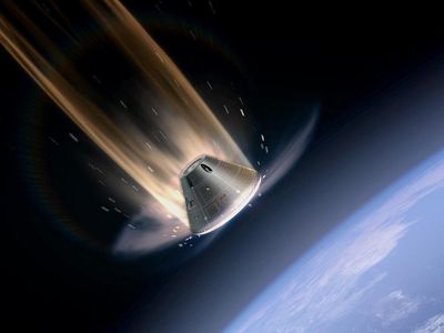 In an artist's conception, Lockheed Martin's Orion reenters Earth's atmosphere.