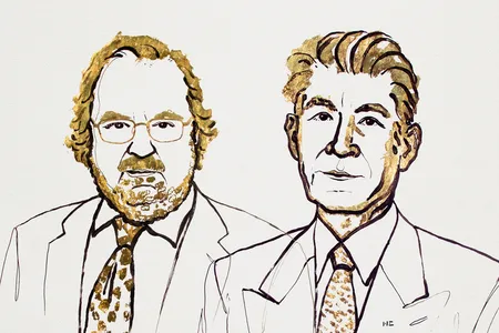An illustration of the winners of the 2018 Nobel Prize in Physiology or Medicine: James Allison (left) and Tasuku Honjo (right).