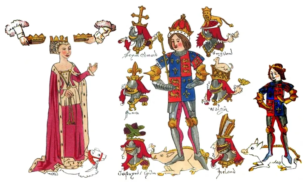 Detail from the 15th-century Rous Roll showing Anne Neville, Richard III and Edward of Middleham