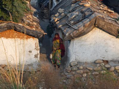 An Indian woman holds a bucket and walks to relieve herself in the open, on World Toilet Day on the outskirts of Jammu, India, in 2014.
