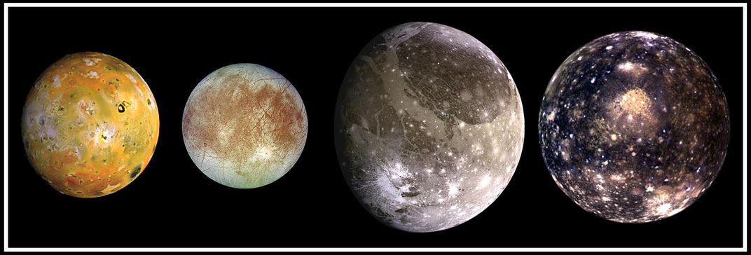 Four side-by-side images of some of Jupiter's moons. From left to right: Io, Europa, Ganymede, Callisto