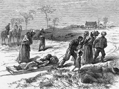 An etching of Black families gathering the dead after the Colfax Massacre published in Harper&#39;s Weekly, May 10, 1873