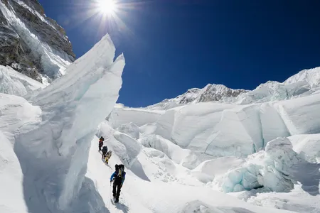 Climbers in the Khumbu Icefall on Mount Everest.