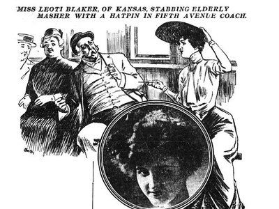 A newspaper report of Leoti Blaker, who stabbed a man with a hatpin when he would not leave her alone.