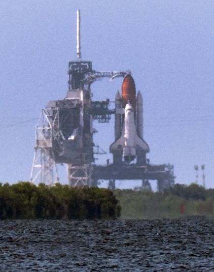 Space shuttle Endeavour on the launch pad at Kennedy Space Center in Florida. thumbnail