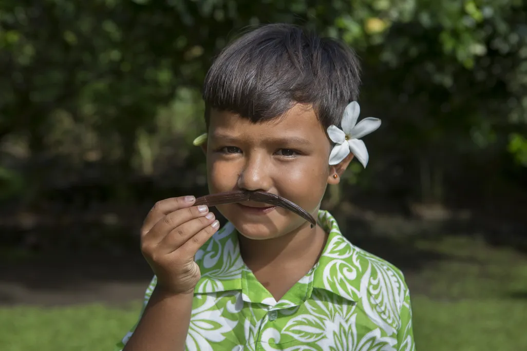 An image of a five year old child from Tahiti smelling a vanilla bean.