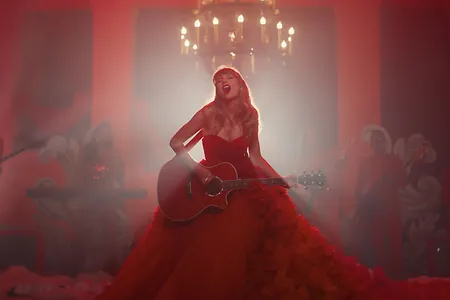 The red wedding dress from Taylor Swift's "I Bet You Think About Me (Taylor&rsquo;s Version) (From the Vault)" is among the outfits on view at the exhibition.