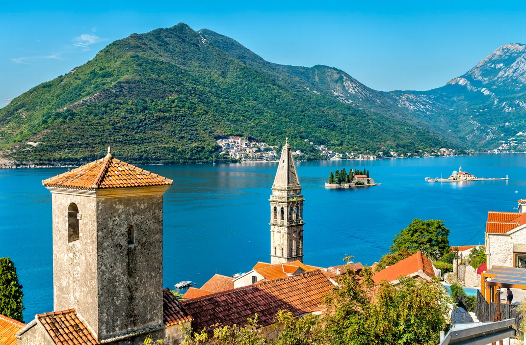 View of Kotor Bay and the island with Lady of the Rocks Church, from Perast, Montenegro