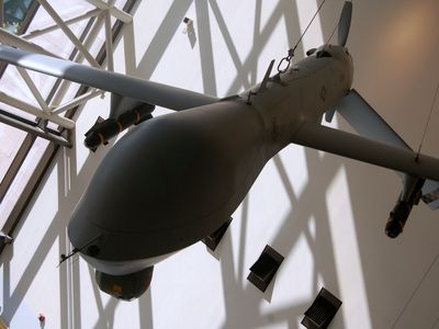 A predator drone hangs in the Smithsonian’s Air and Space Museum in Washington.