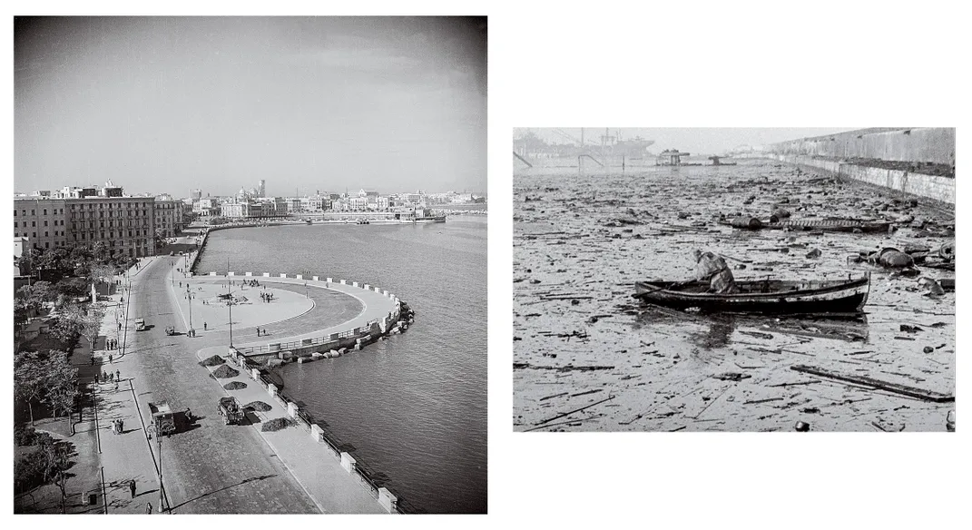 Left, Bari, on Italy’s southeastern coast, in November 1943. The British had captured the strategic port city two months earlier. Right, a rescue boat searches for survivors in Bari Harbor after the December 1943 attack. Fuel from damaged freighters and a