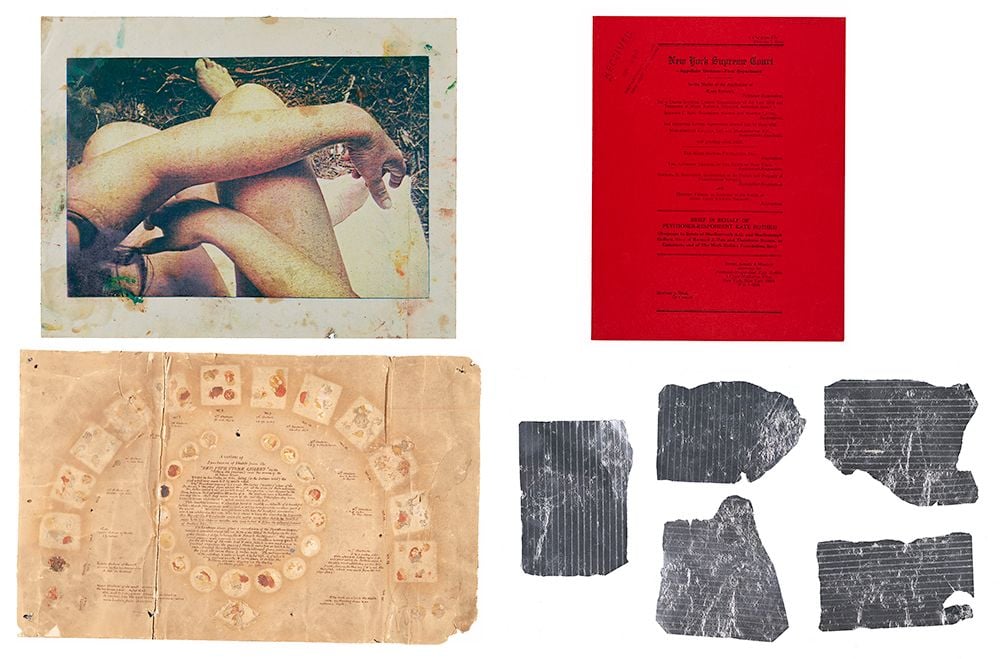 Composite image of four archival items: a photograph of a woman with her arms and legs crossed over each other, a red document with black text, a document with mineral samples and handwritten notations in ink, and an image of foil rubbings of a carpet.
