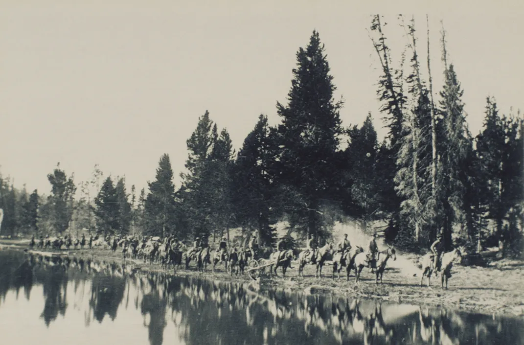 The Hayden expedition stops at Mirror Lake en route to the east fork of the Yellowstone River in August 1871.