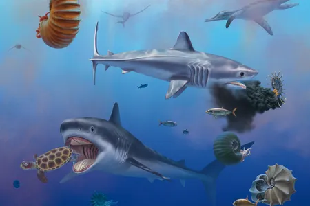 An artist&#39;s illustration of two Ptychodus sharks eating sea turtles and ammonites in open water.
